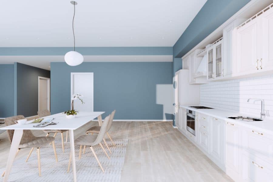 light blue walls white kitchen cabinets 