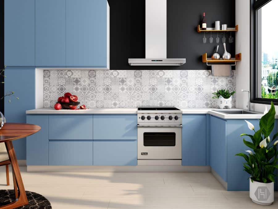 blue cabinet kitchen pattern tile backsplash 