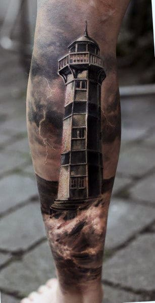Light House Cloud Tattoo On Back Of Leg For Men