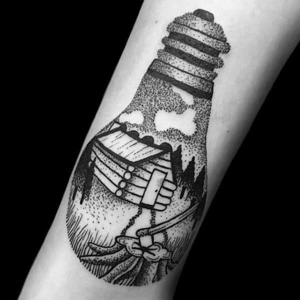 Lightbulb With Cabin And Dotwork Design Mens Forearm Tattoo