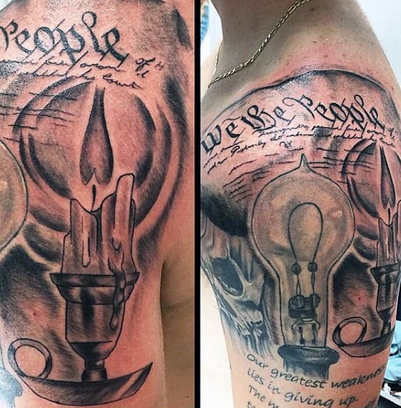 Lightbulb With Candle We The People Mens Upper Arm Tattoo