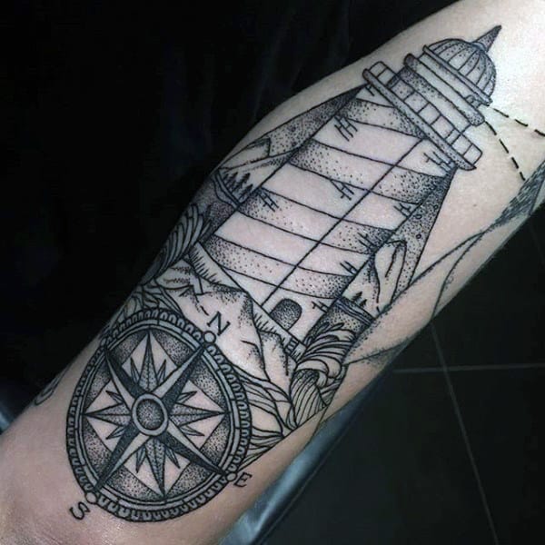 Lighthouse And Compass Tattoo For Men