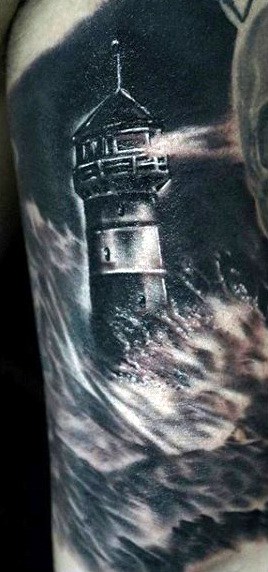 Lighthouse Ocean Waves Tattoo For Men