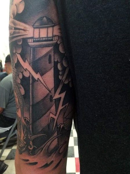Lighthouse Theme Mens Tattoo On Forearm