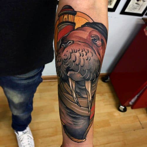 Lighthouse Walrus Tattoos For Gentlemen On Inner Forearm