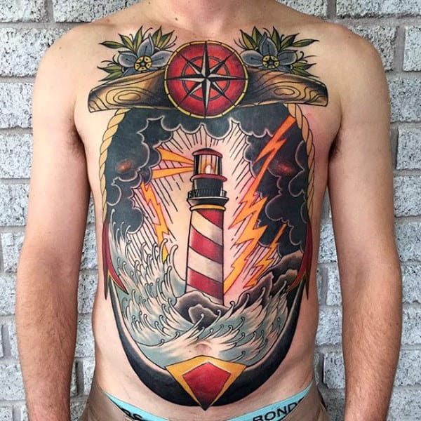 Lighthouse With Anchor Mens Nautical Full Chest Tattoos
