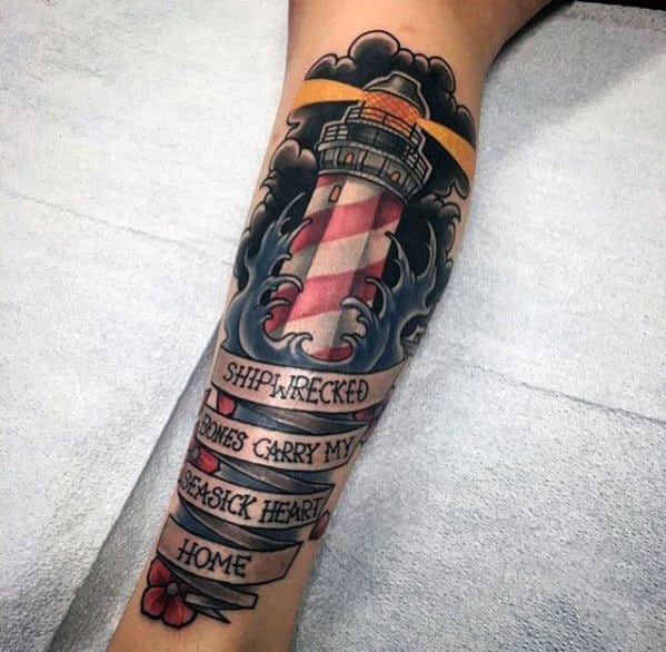 Lighthouse With Banner Quote Mens Traditional Leg Tattoo