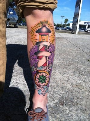Lighthouse With Compass Guys Traditional Leg Shin Tattoo