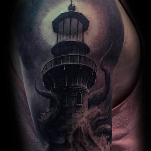 Lighthouse With Octopus Mens Half Sleeve 3d Tattoos