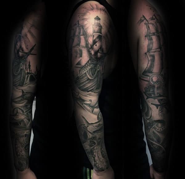 Lighthouse With Underwater Kraken Mens Full Sleve Shaded Tattoo Design