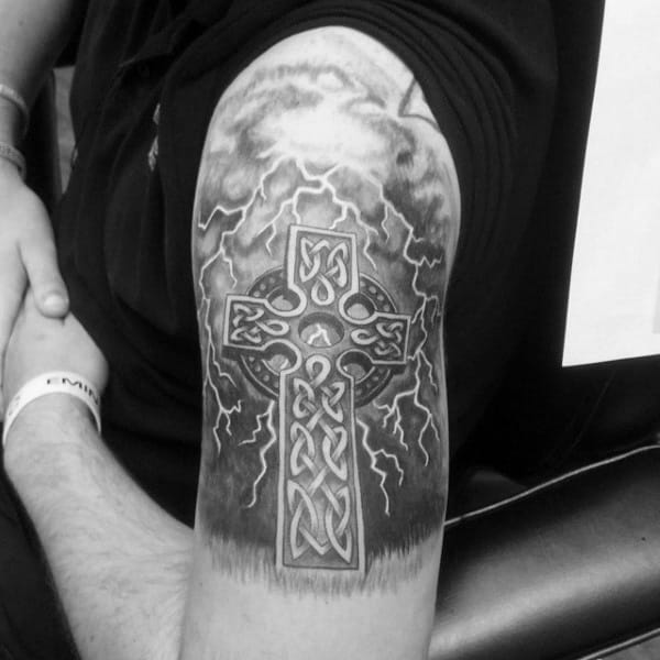 Lighting Bolt Upper Arm Celtic Crosses Tattoo On Gentlemen