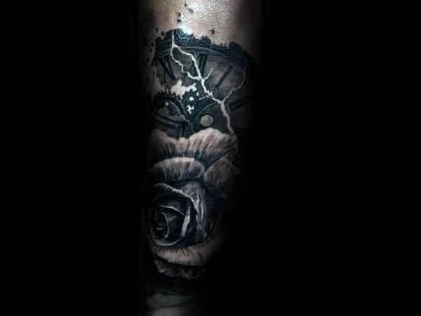 Lightning With Roman Numeral Clock And Realistic Rose Mens Forearm Tattoo Ideas