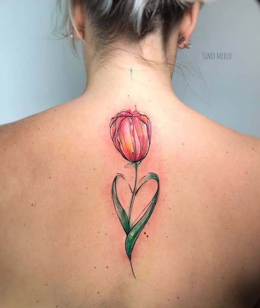Tatouage de tulipe de couleur ligne
