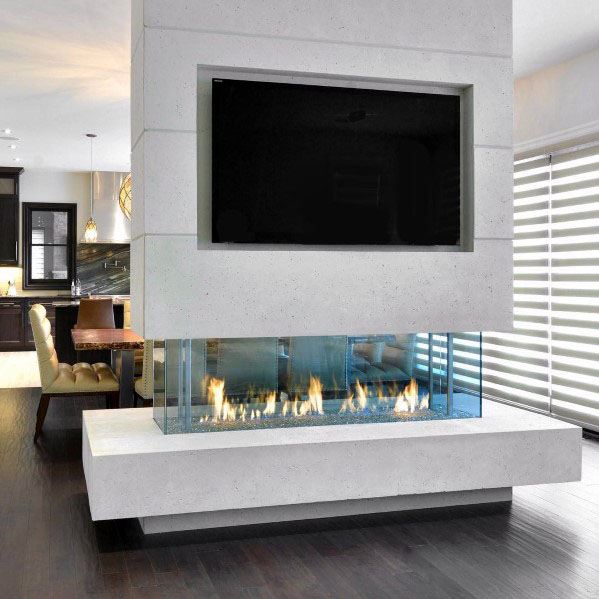 multi-sided open linear fireplace 