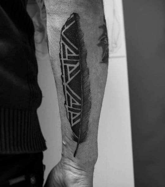 Lines And Feather Pattern Tattoo On Arms For Male