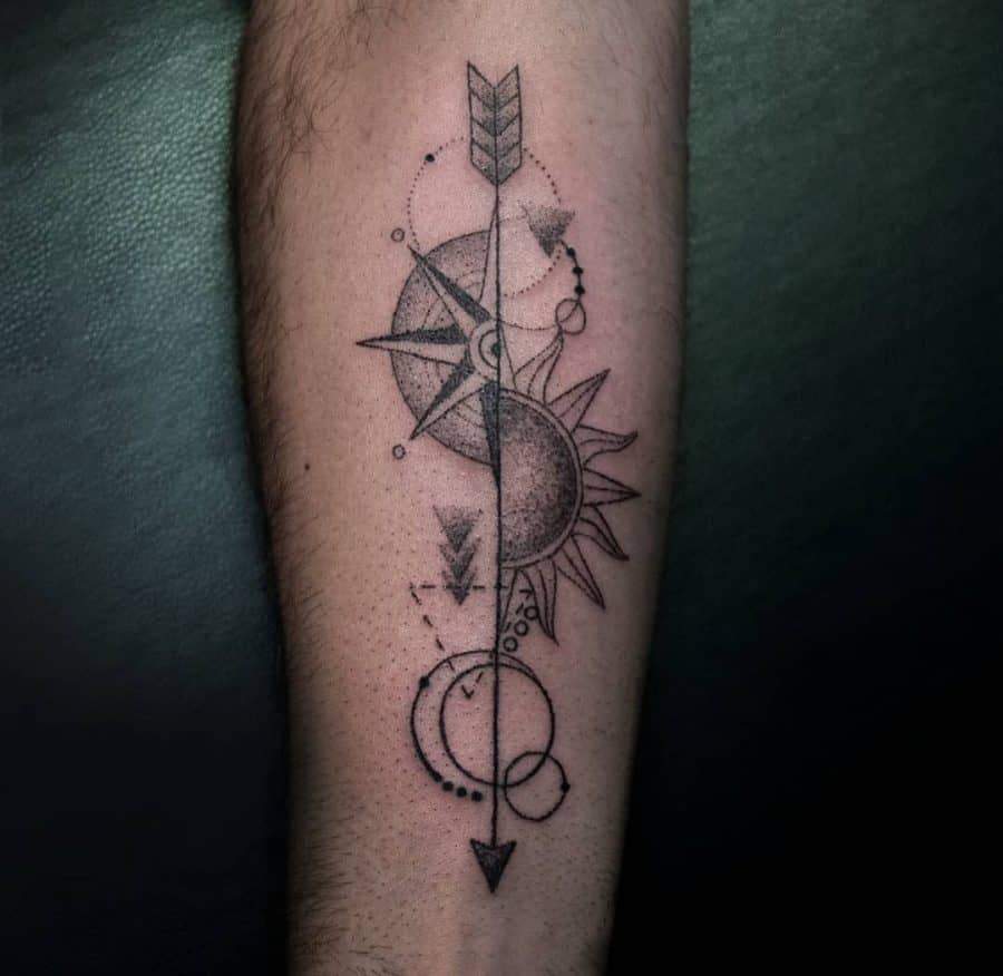 Linework Central Arrow Half Compass Half Sun Dotwork Squiggle Geometric Tattoo