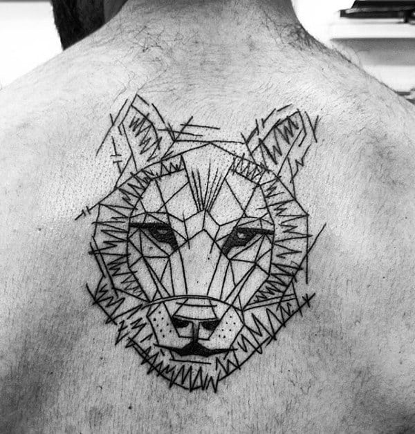 Linework Male Geometric Wolf Back Tattoo