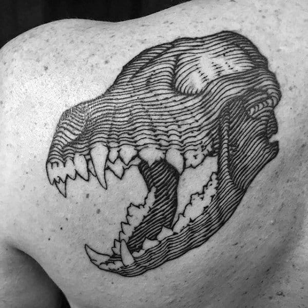 Linework Wolf Skull Mens Shoulder Back Tattoos