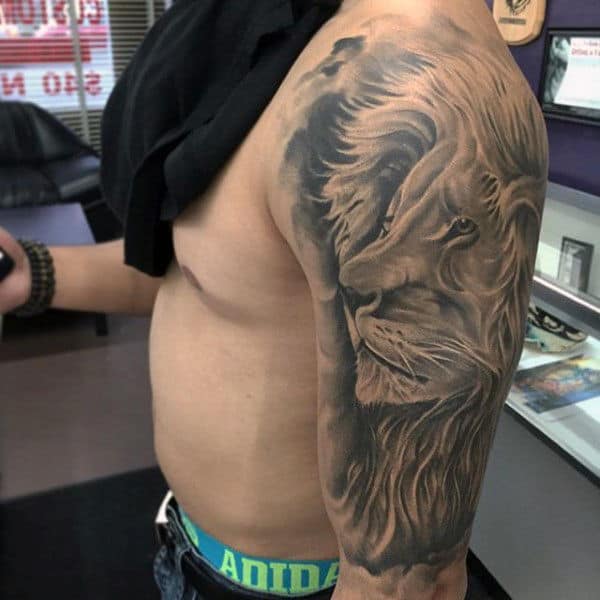 Lion Detailed Guys Half Sleeve Tattoo Design Inspiration