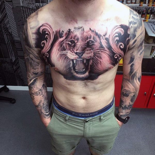 Lion Filigree Mens Chest Tattoos