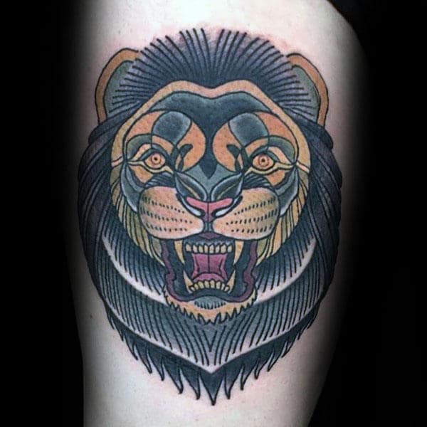 Lion Head Male Traditional Thigh Tattoo Designs