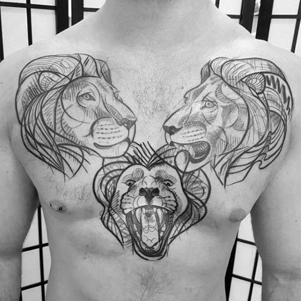 Lion Heads Unique Chest Artistic Male Tattoo Ideas