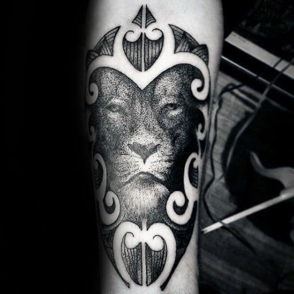Lion Pointillism Tribal Mens Tattoos