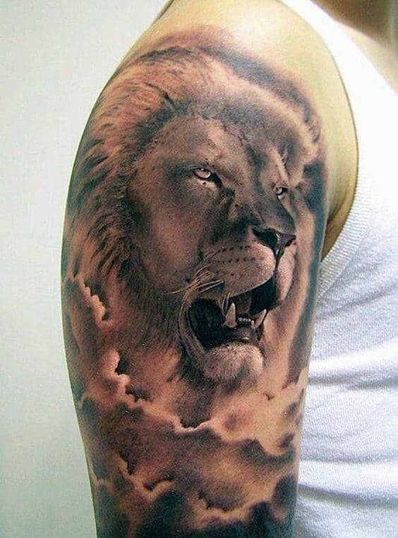 Lion Roaring With Realistic Clouds Guys Half Sleeve Attoo