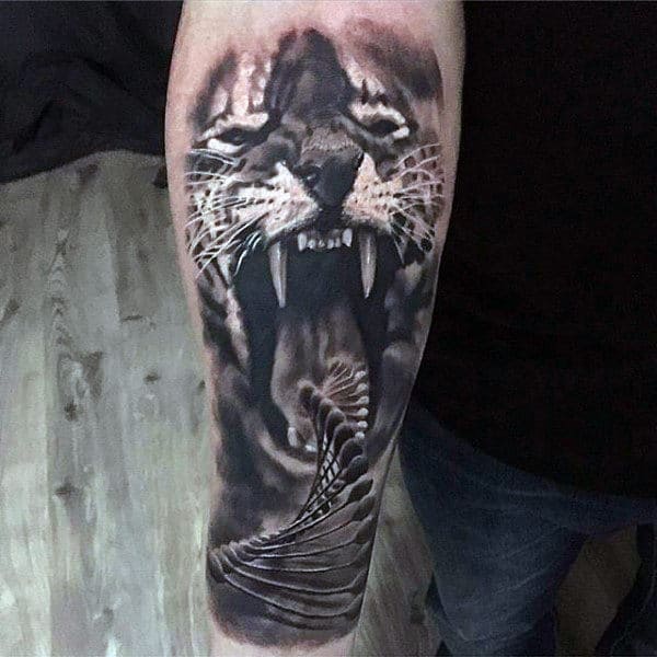 Lion Stairs Black Ink Forearm Guys Tattoo