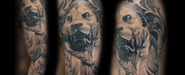 40 Lion Statue Tattoo Designs For Men - Carved Stone Ink Ideas