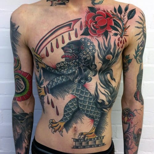 Lion Traditional Guys Chest Tattoo Design Ideas