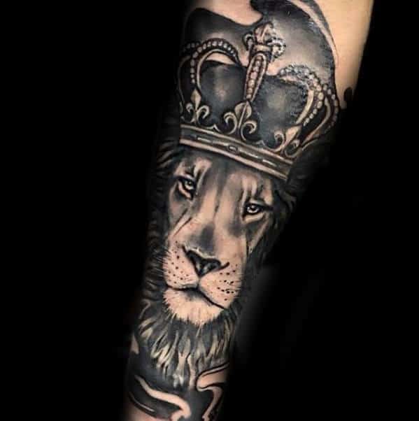 Lion Wearing Crown Male Forearm Tattoo Sleeves