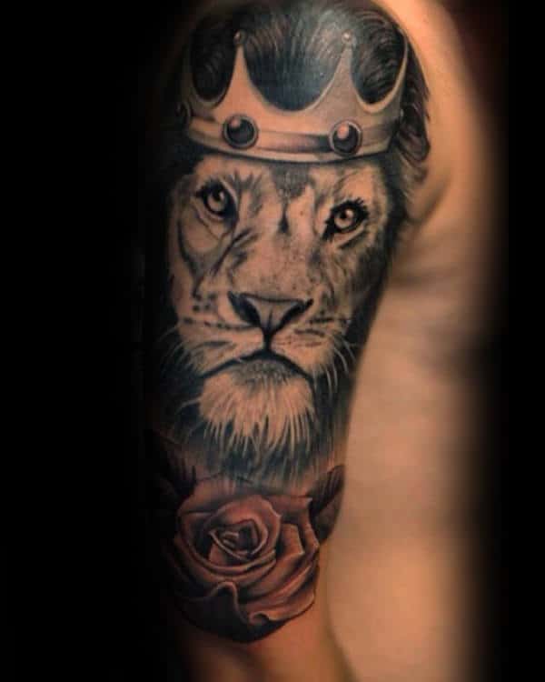 Lion With Crown And Red Rose Flower Guys Half Sleeve Tattoo Ideas