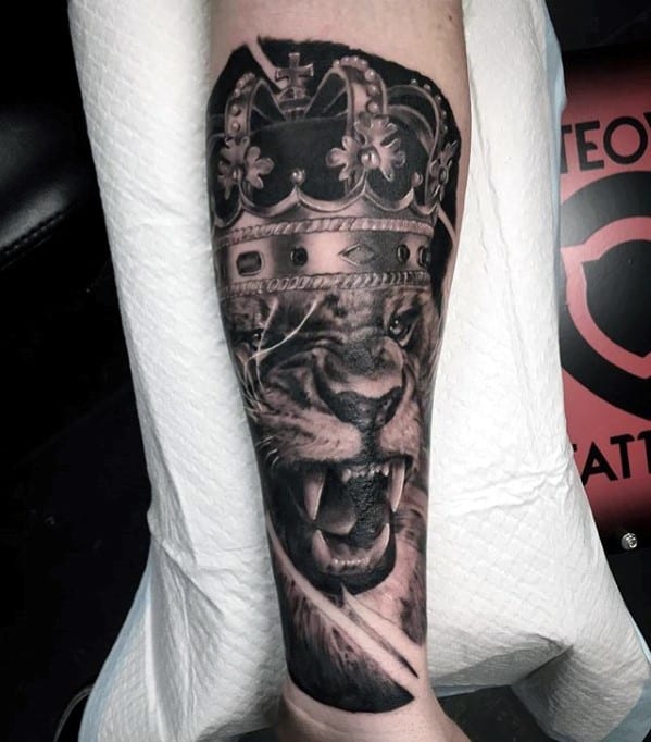 Lion With Crown Guys Forearm Tattoo Inspiration