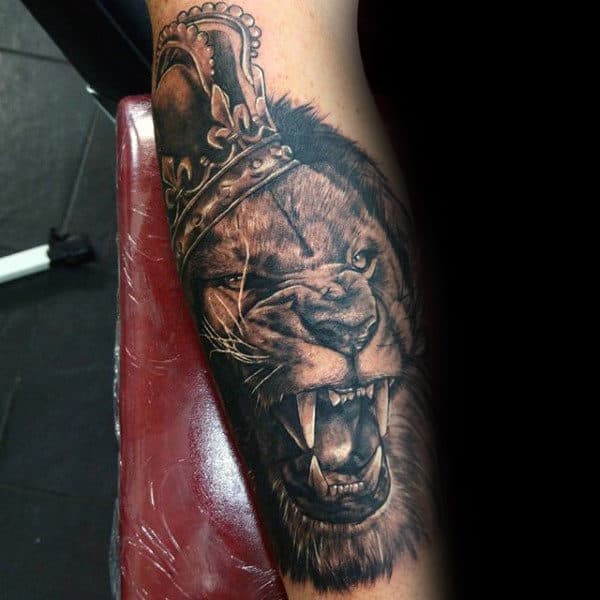 Lion With Crown Mens Shaded Forearm Tattoo Ideas