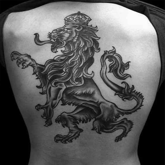 lion with crown symbol guys back tattoos with shaded ink design