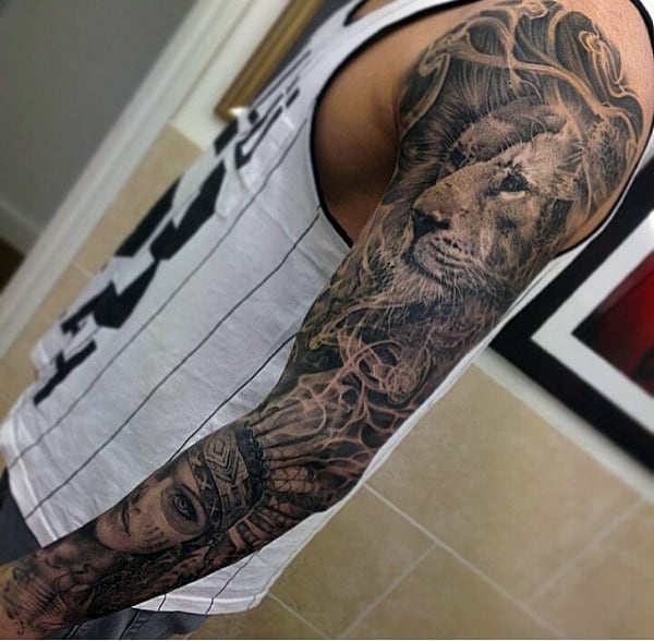 Lion With Native American Portrait Of Female Mens Detailed Full Sleeve Tattoos