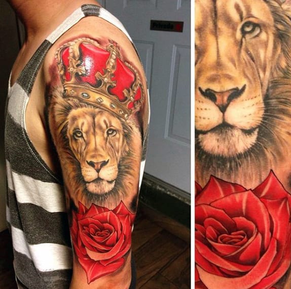 Lion With Red Crown And Rose Tattoo On Upper Arms For Men