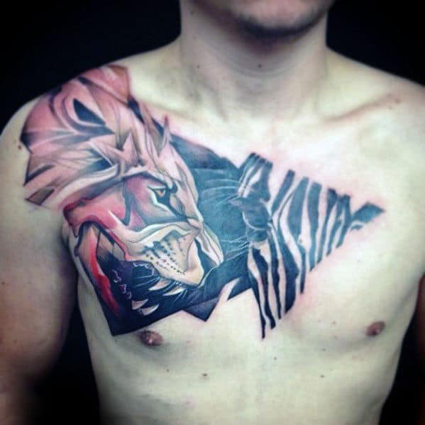 Lion With Zebra Mens Masculine Upper Chest Tattoos