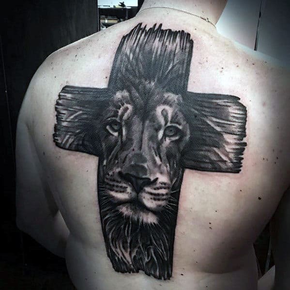 Lion Wood Cross Badass Guys Back Tattoos