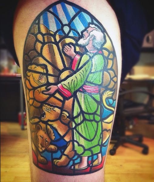 Lions Stained Glass Window Male Thigh Tattoo