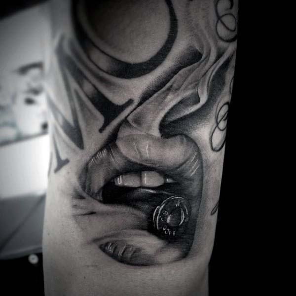 Lips With Bullet And Teeth Mens Tattooos On Arm