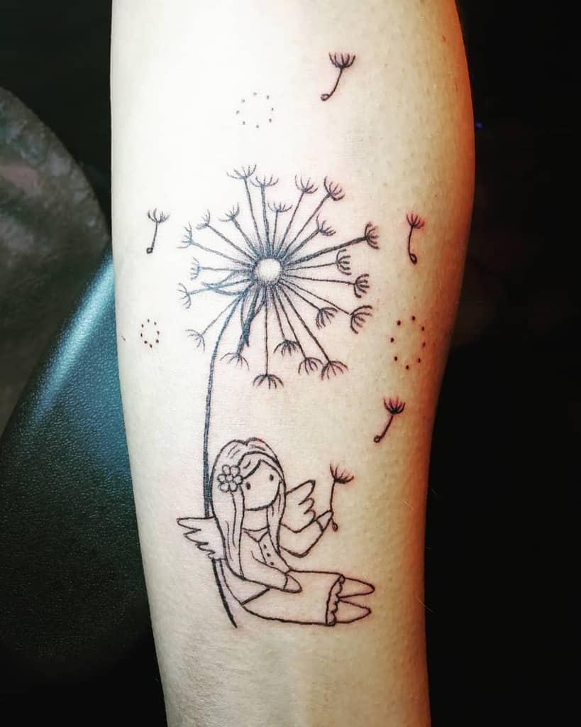 little angel girl blowing dandelions tattoo