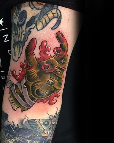 Living Dead Green Zombie Hand With Blood Male Tattoo