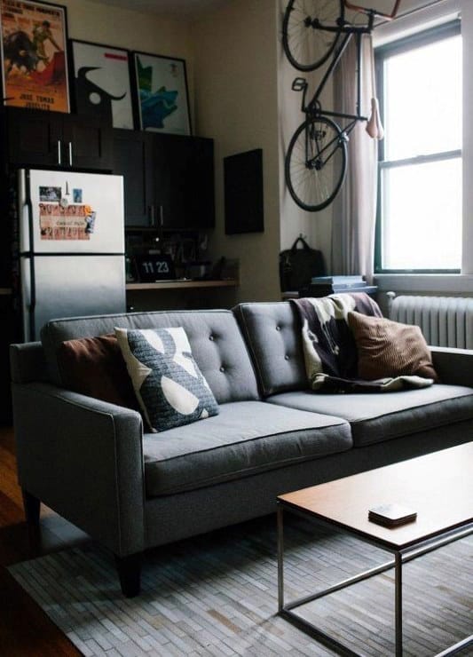 basic living room kitchen grey sofa bicycle fridge 