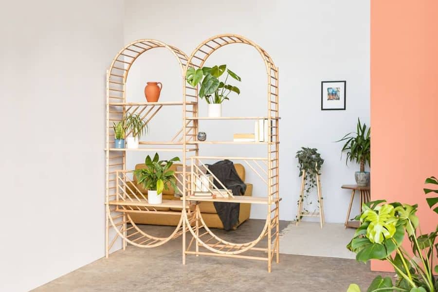 cane shelf room divider in minimalist living room with plants 
