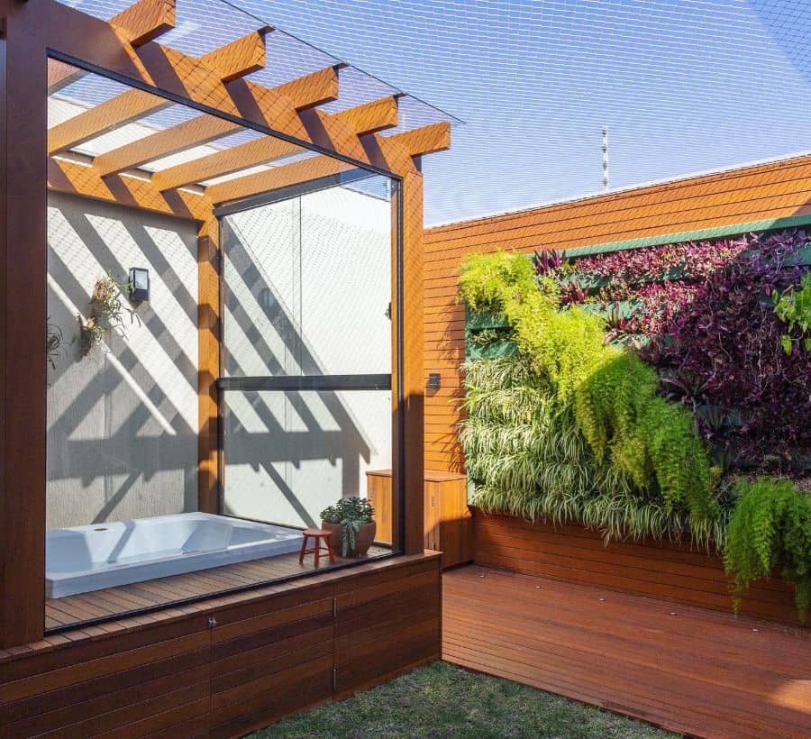 living wall vertical garden wood deck and spa
