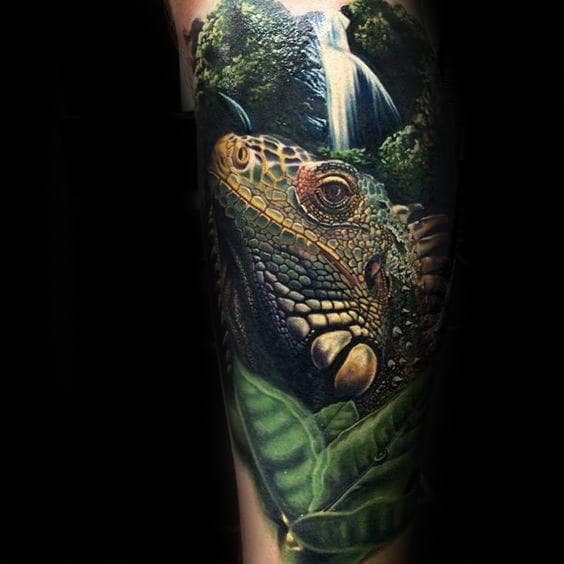 Lizard With Waterfall 3d Mens Realistic Forearm Sleeve Tattoos