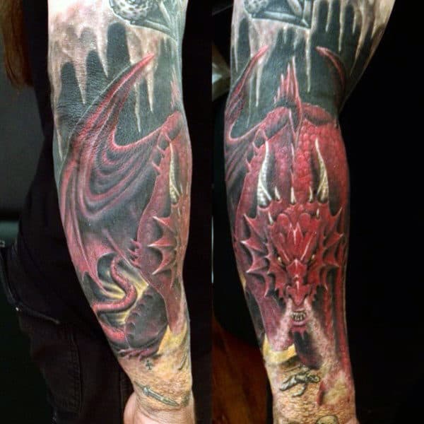 Loathful Red Black Winged Red Dragon Tattoo Male Sleeves