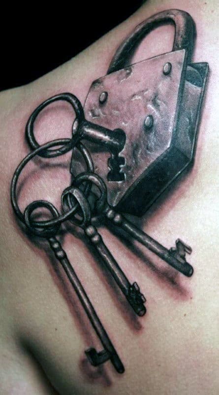 Lock With Keys Mens Realistic 3d Shoulder Blade Tattoo Designs